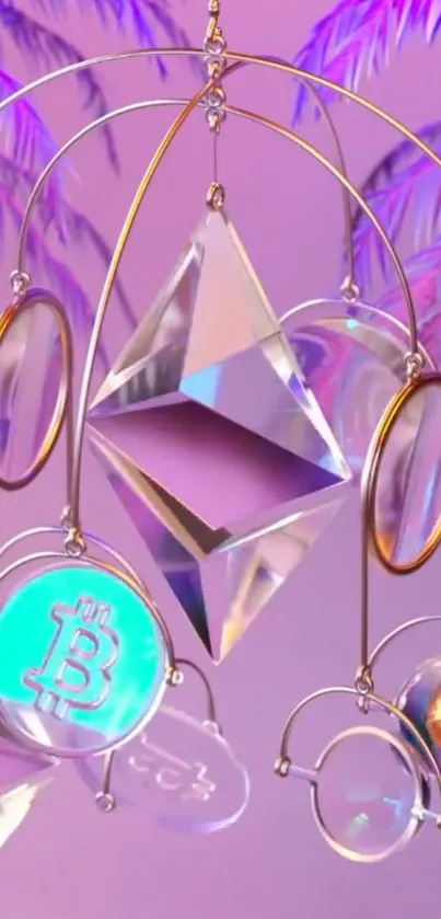 3D crypto art wallpaper with Ethereum and Bitcoin symbols on a purple background.