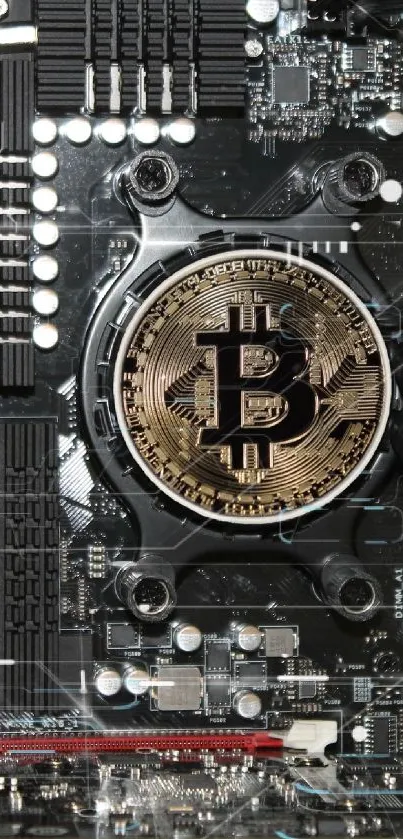 Bitcoin logo on a detailed circuit board screen.