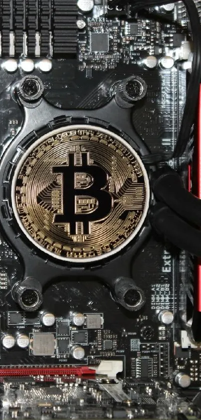 Bitcoin-themed motherboard wallpaper with black tones.