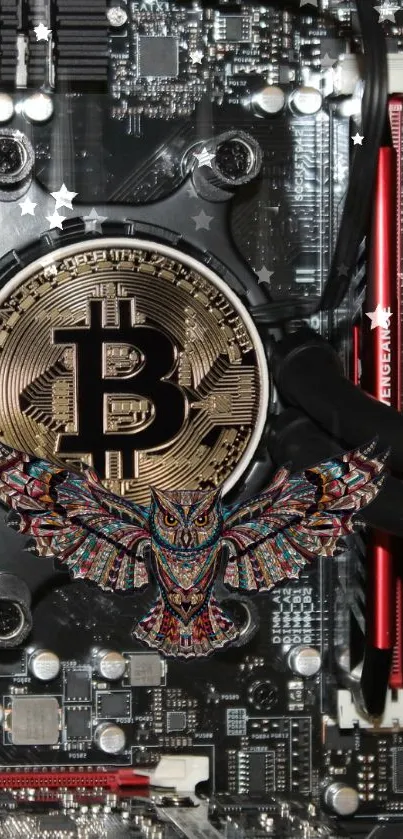 Bitcoin and owl on computer circuit board wallpaper.