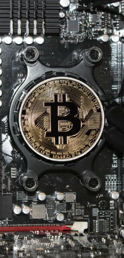 Bitcoin symbol on a processor in a tech-themed wallpaper.