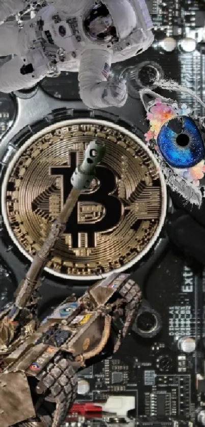 Bitcoin cryptocurrency on a computer motherboard with artistic flair.