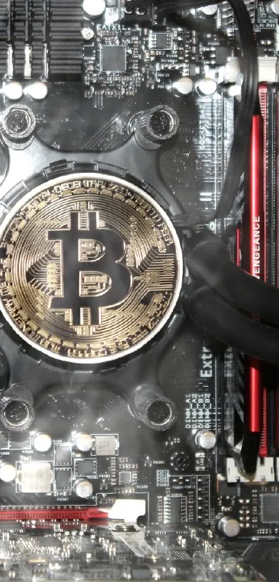 Bitcoin logo on circuit-themed motherboard design.