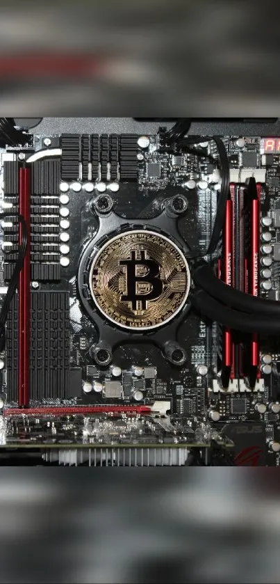 Intricate motherboard design with Bitcoin logo at the center.