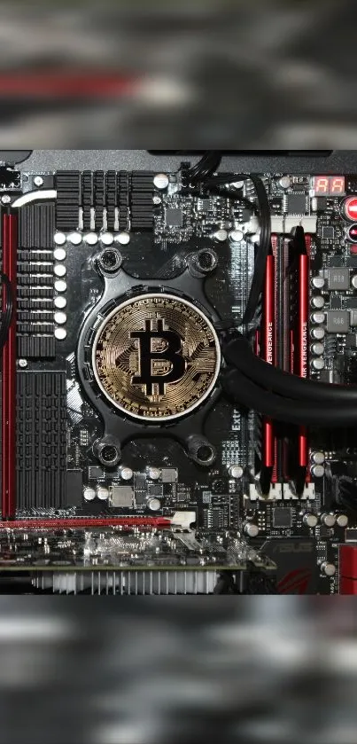 Bitcoin on a motherboard, tech-themed mobile wallpaper.