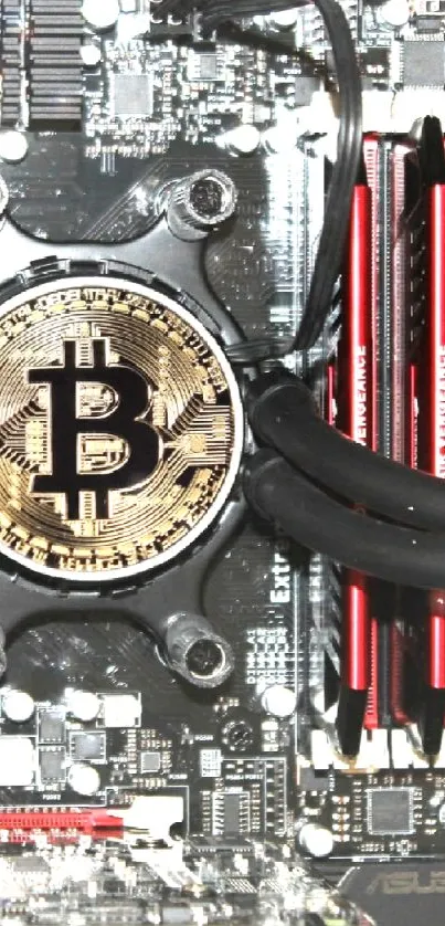 Bitcoin symbol on tech circuit motherboard wallpaper.