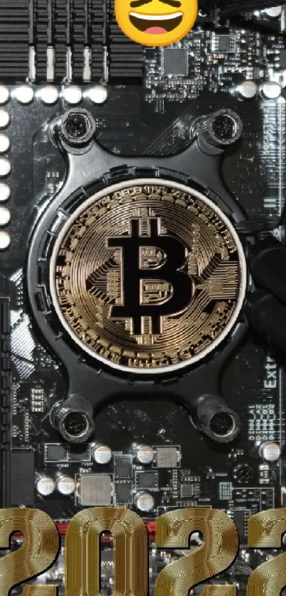 Bitcoin logo on a motherboard with tech components and 2022 text.