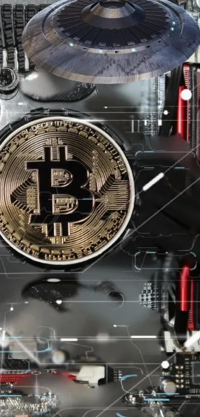 Bitcoin symbol on a futuristic tech background wallpaper.