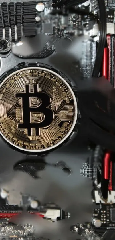Bitcoin coin on a circuit board background, mobile wallpaper.