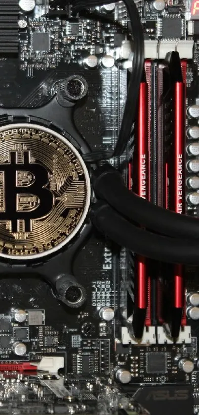 Bitcoin-themed circuit board wallpaper with red accents.