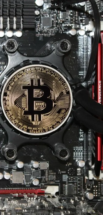 Cryptocurrency-themed circuit board mobile wallpaper with Bitcoin logo.