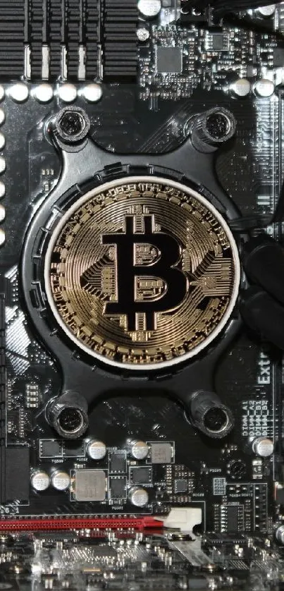 Bitcoin-themed circuit board wallpaper with tech details.