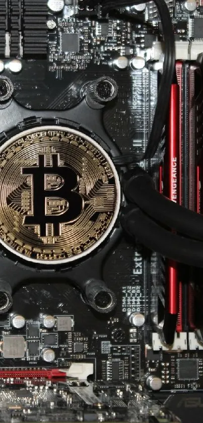 Bitcoin symbol on a high-tech circuit board design.