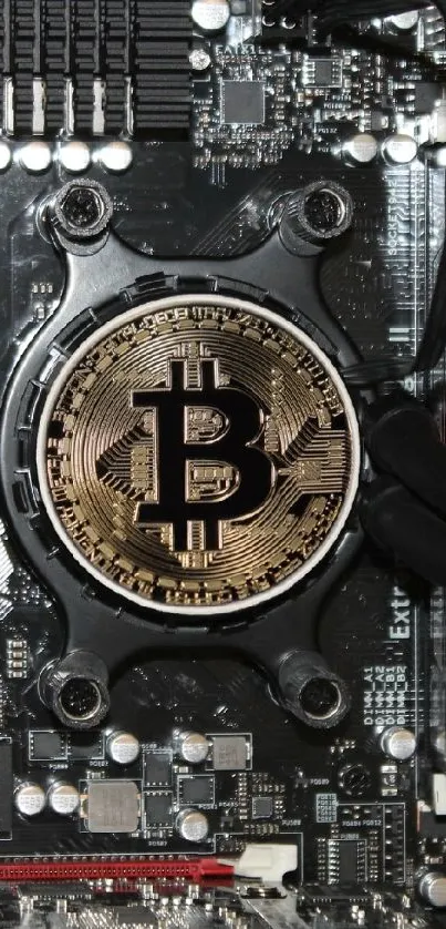 Bitcoin symbol on intricate motherboard design, tech-themed wallpaper.