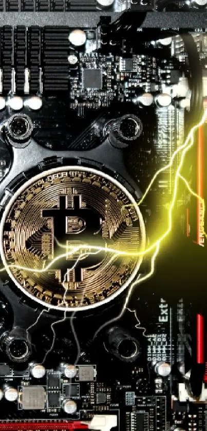 Bitcoin and circuit board with electric lightning effect wallpaper.