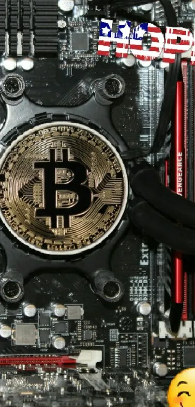 Bitcoin symbol on tech circuit board with emoji.