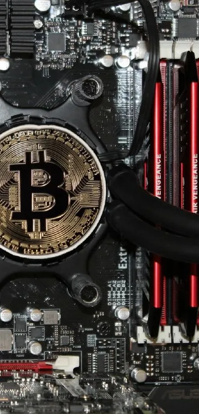 Bitcoin emblem on a high-tech motherboard wallpaper.