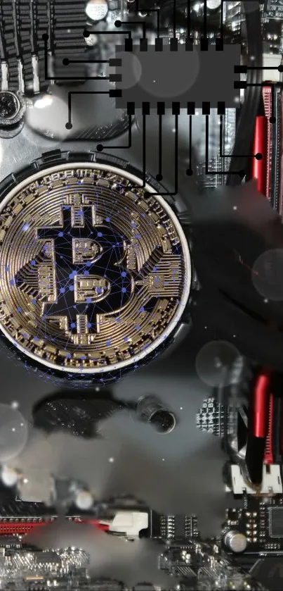 Bitcoin coin on a digital circuit board with cryptocurrency theme.