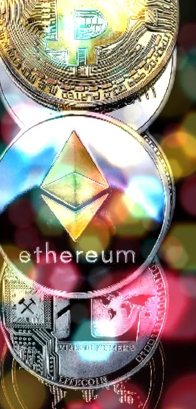 Colorful digital art of cryptocurrency coins with a bokeh background.