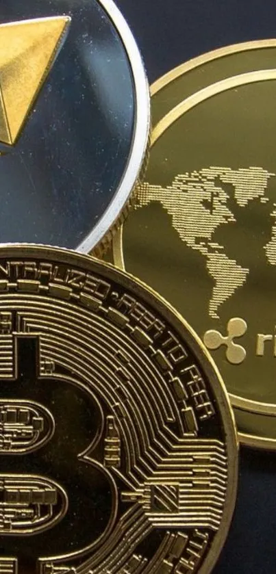 Mobile wallpaper with gold cryptocurrency coins.