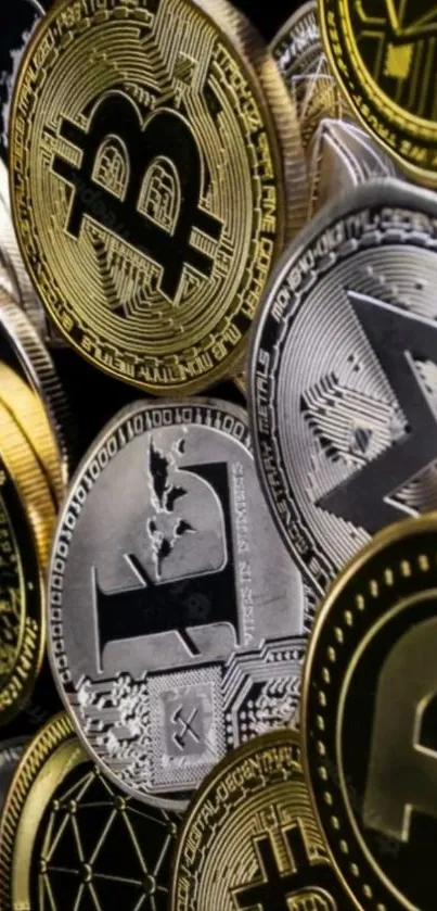 A collection of cryptocurrency coins in gold and silver.