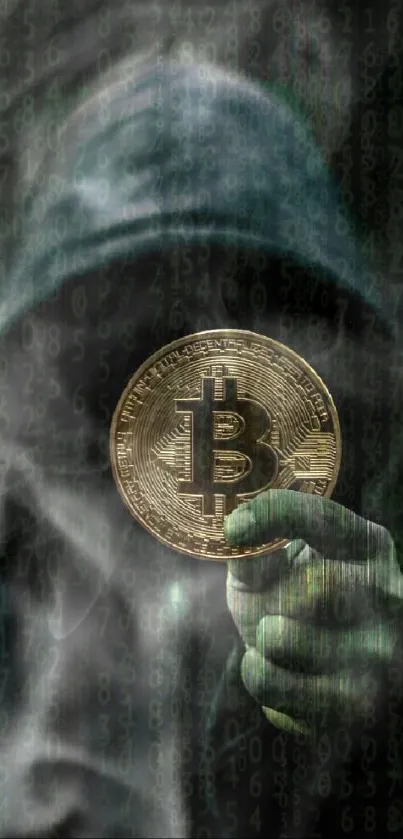 Hooded figure holding Bitcoin in dark-themed wallpaper.