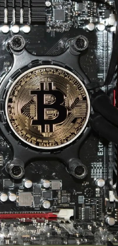 Close-up of a computer CPU with a Bitcoin symbol emblem.