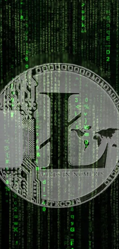 Litecoin coin with green digital matrix background.