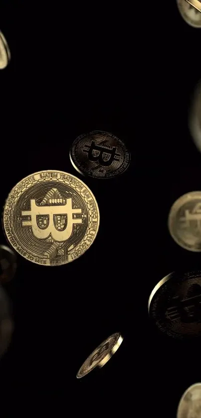 Floating gold Bitcoin coins on a dark background for mobile wallpaper.