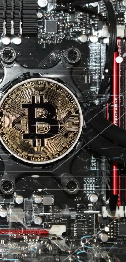 Bitcoin emblem on a computer motherboard, highlighting technology and cryptocurrency.