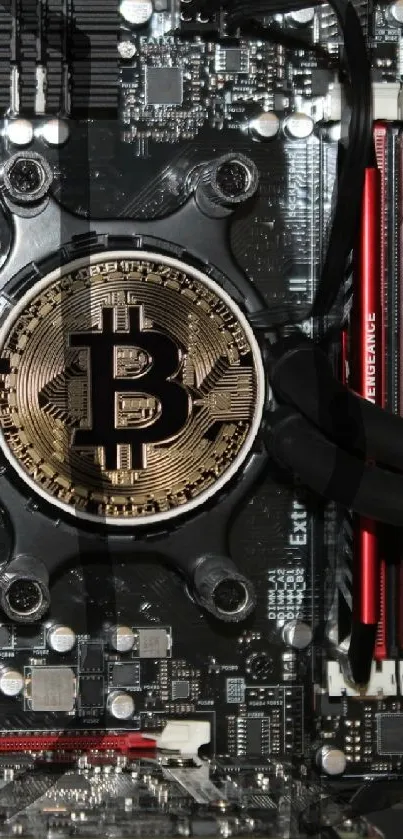 Tech-themed wallpaper with Bitcoin on motherboard.