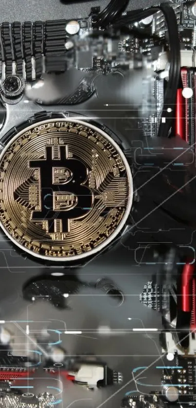 Bitcoin coin on tech circuit board wallpaper.