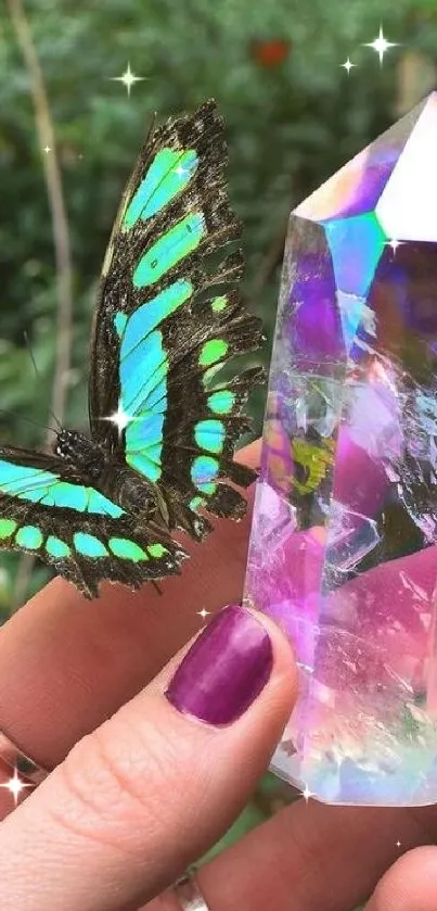 Hand holding crystal with a butterfly in a mystical garden scene.