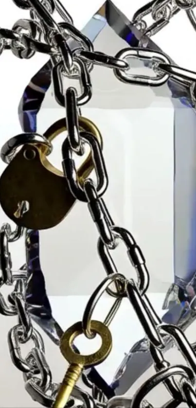 Crystal wrapped in metal chains with a lock and key design.