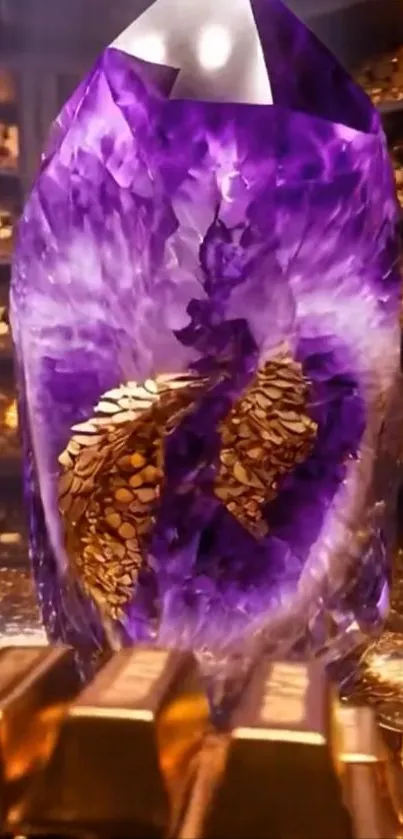 Vibrant purple crystal surrounded by gold bars.