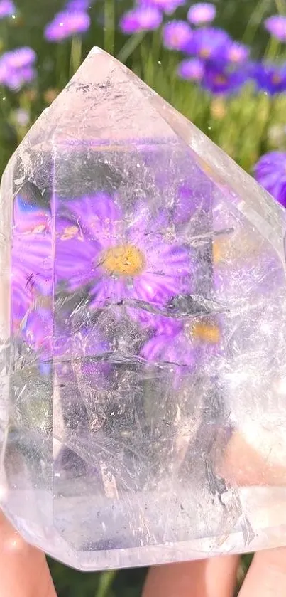 Clear crystal reflecting vibrant purple flowers in nature.