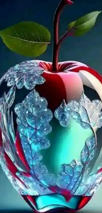 Crystal apple with leaf patterns on a vibrant background.