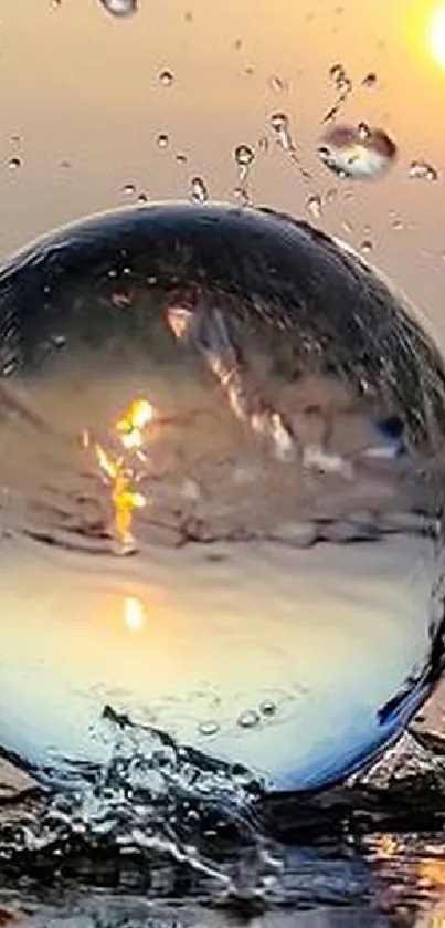 Crystal ball capturing serene sunset over water.