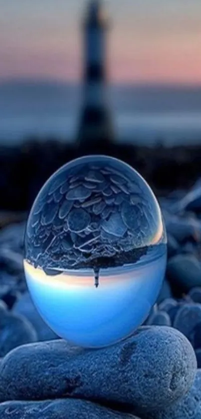 Crystal ball on rocks with a lighthouse view at sunset.