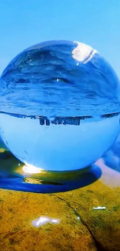 Crystal ball with ocean reflection on a bright sunny day.