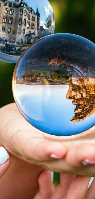 Crystal balls reflecting castle and nature, held in hands.