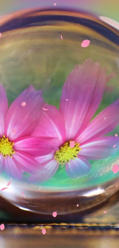 Pink flowers reflected in a crystal ball on a blurred background.