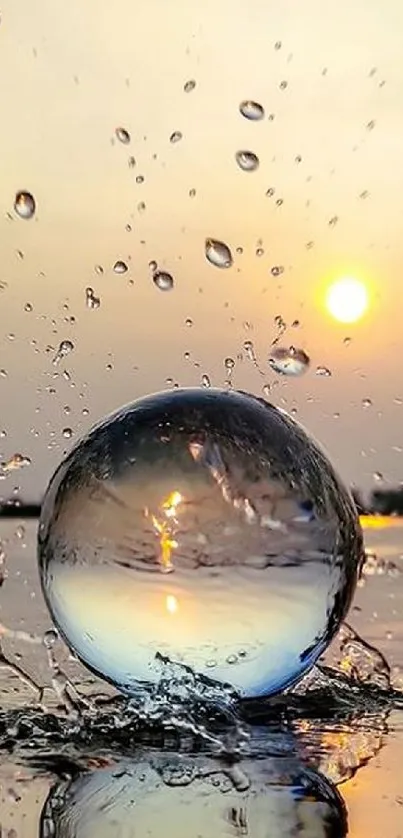 Crystal ball splashes water with sunset reflection.