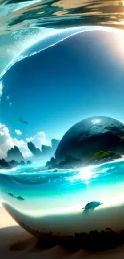 Tropical beach seen through a glass sphere on sand.