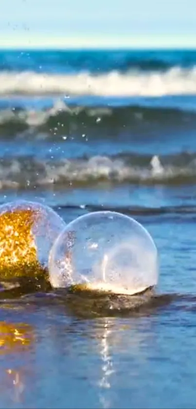 Clear bubbles on a beach with ocean waves in the background.