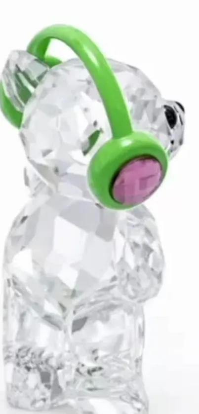 Crystal bear with green headphones on mobile wallpaper.