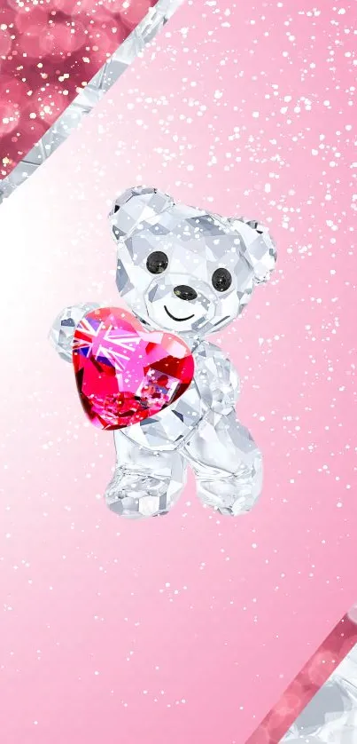 Crystal bear holding a heart with pink sparkling background wallpaper.