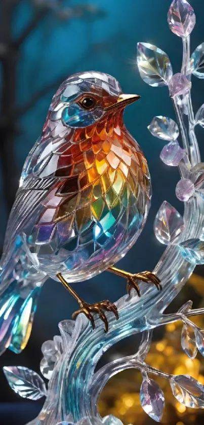 Colorful crystal bird on branch, blue background.