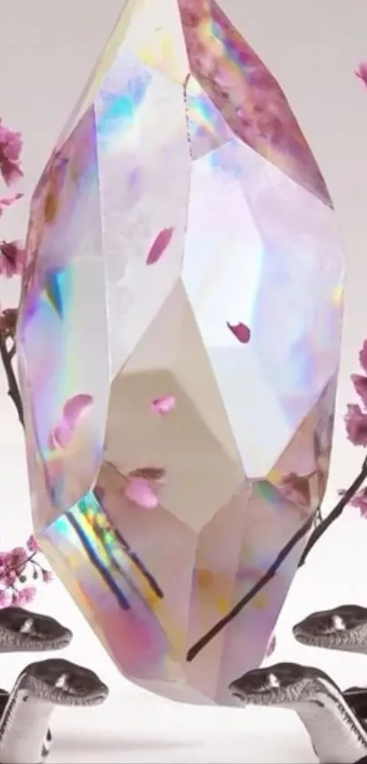 Crystal surrounded by cherry blossoms and reflective elements.