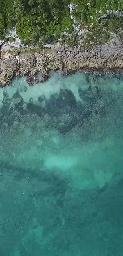 Aerial view of a coastal landscape with clear blue waters and rocky shore.